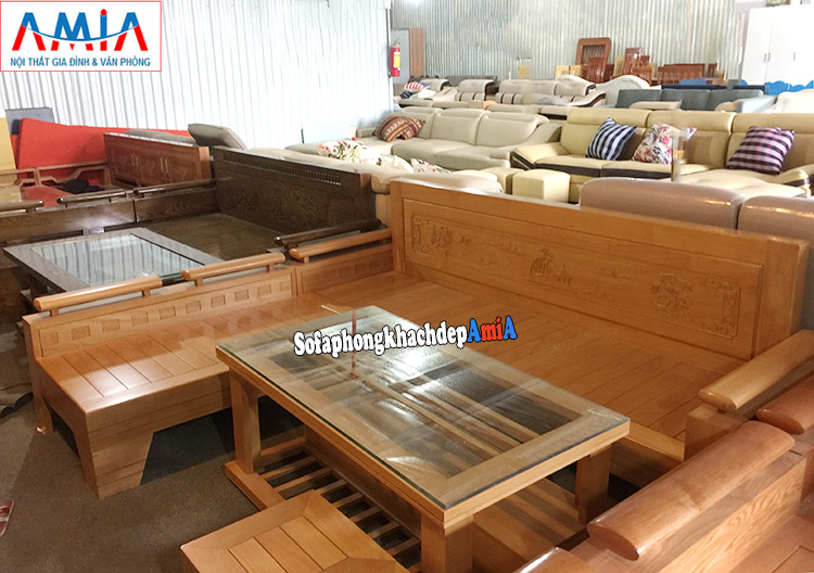 Hình ảnh Ghế sofa gỗ chữ L cho phòng khách hiện đại gia đình