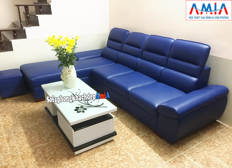 Hình ảnh ghế Sofa cho phòng khách nhà phố dạng góc chữ L màu xanh cô ban