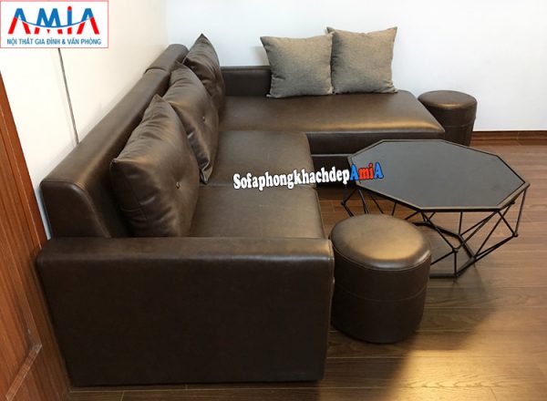Hình ảnh Ghế sofa da đẹp cho phòng khách nhỏ thiết kế hình chữ L 3 chỗ kết hợp bàn trà tròn