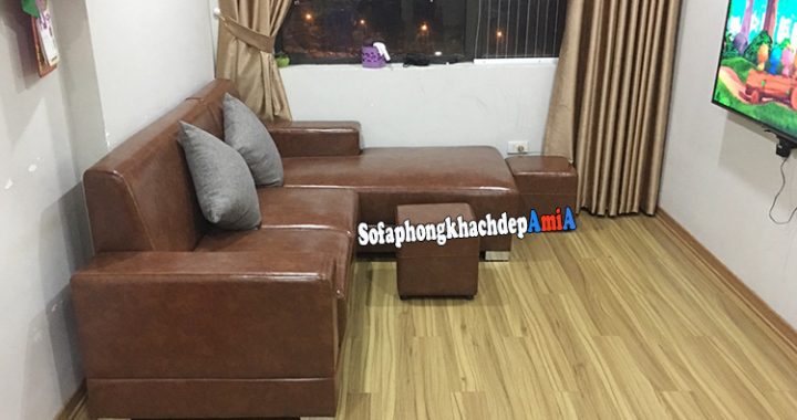 Hình ảnh Ghế sofa da cho nhà chung cư nhỏ thiết kế hình L bài trí sát tường