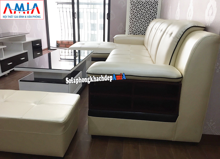 Hình ảnh Ghế sofa da góc màu trắng đẹp cho phòng khách nhà chung cư