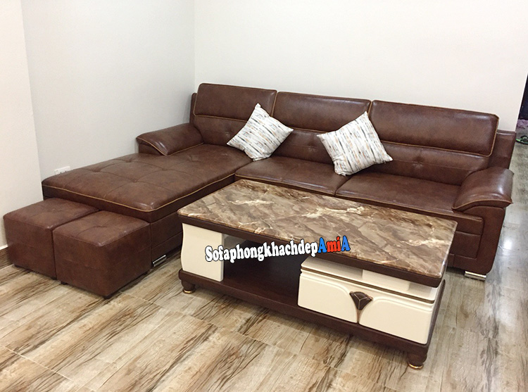Hình ảnh Bàn sofa phòng khách nhỏ đẹp mặt đá cao cấp kết hợp cùng bộ ghế sofa da góc chữ L