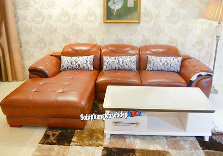 Hình ảnh Bộ bàn ghế sofa da phòng khách màu da bò đẹp hiện đại và sang trọng