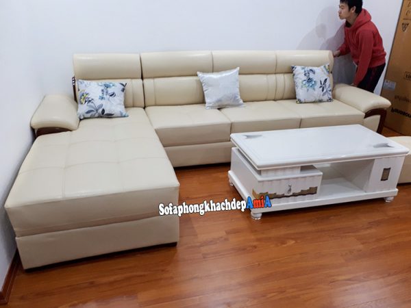 Hình ảnh Ghế sofa da phòng khách đẹp thiết kế hình chữ L hiện đại bài trí sát tường