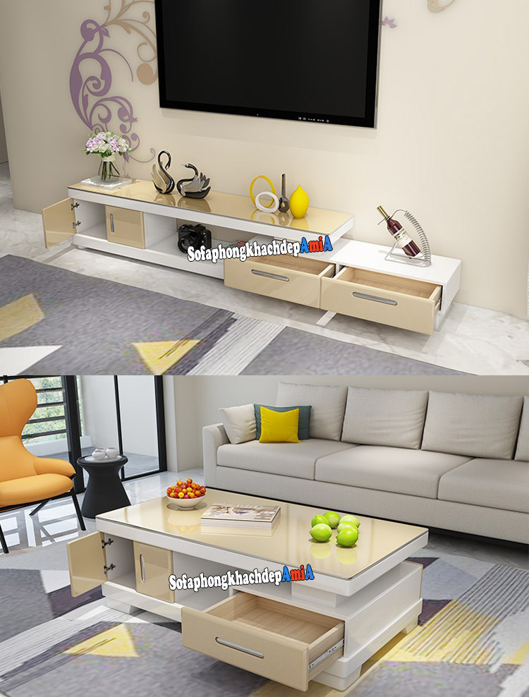 Hình ảnh Bàn sofa gỗ kính phòng khách đẹp kết hợp kệ tivi phòng khách