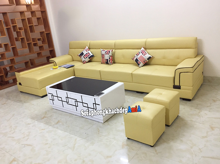 Hình ảnh Bàn trà sofa hiện đại cho phòng khách đẹp kết hợp sofa da góc chữ L