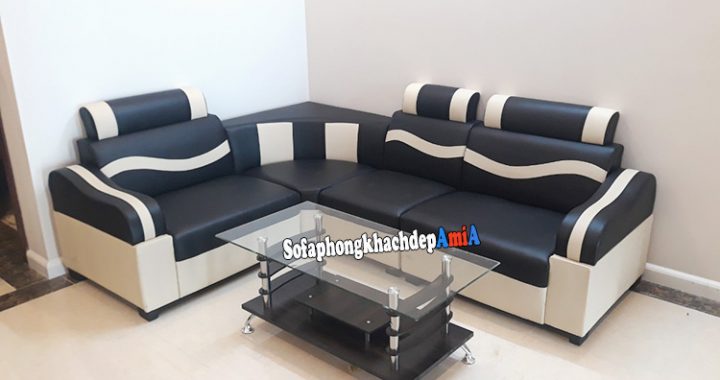 Hình ảnh Ghế sofa góc giá rẻ cho phòng khách nhỏ xinh kết hợp bàn trà gỗ kính