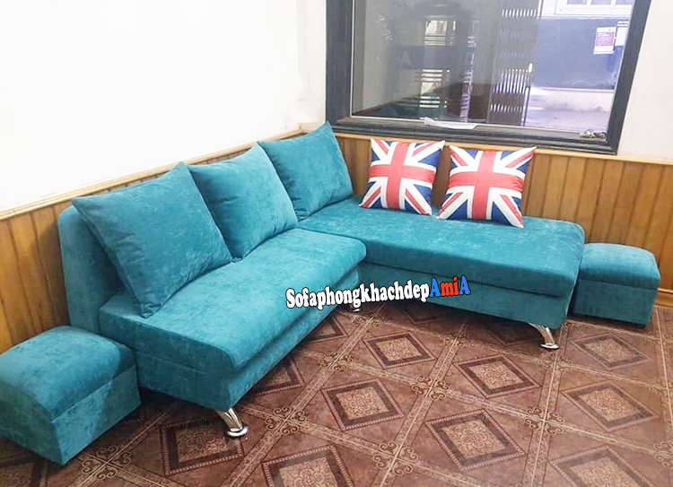 Hình ảnh Sofa góc nỉ chữ L phòng khách giá rẻ màu xanh cô ban