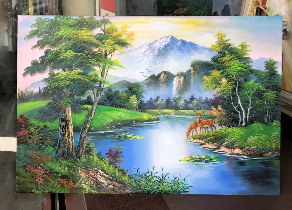Tranh sơn dầu vẽ chú nai trong rừng TSD 621 - Sofa Phòng khách đẹp, Cực  nhiều và Cực rẻ